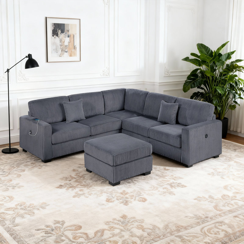 Canapé modulaire en forme de L 4 pièces avec repose-pieds et ports de charge USB, moderne, Noir