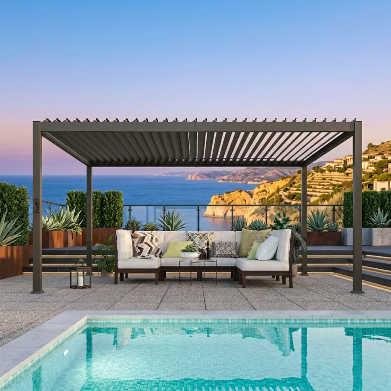 12 pi. X 14 pi Pergola à persiennes en aluminium avec toit réglable brun foncé, H 94,9 po x l 170,1 po x P 138,9 po