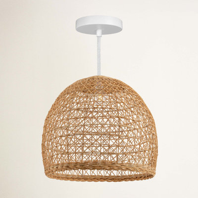 Lumiere Outdoor Rattan Pendant Light - Medium Natural Resin Dome 1-Light Handwoven Adjustable Outdoor Hanging Light For Covered Patio, Porch in Boho, Tropical & Coastal Style