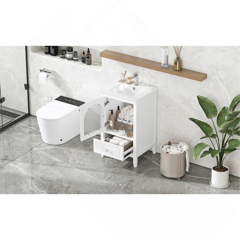 Meuble-lavabo de 20 po avec lavabo, armoire de salle de bain avec porte en verre à fermeture douce, tiroir, blanc