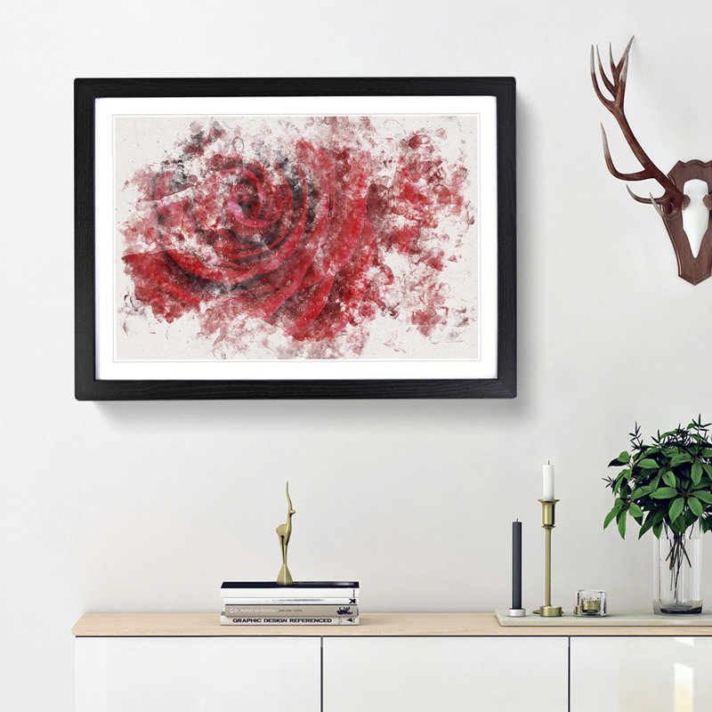 Dewdrops Upon A Red Rose - Picture Frame Painting, 24cm H x 33cm W x 2cm D, Black Framed