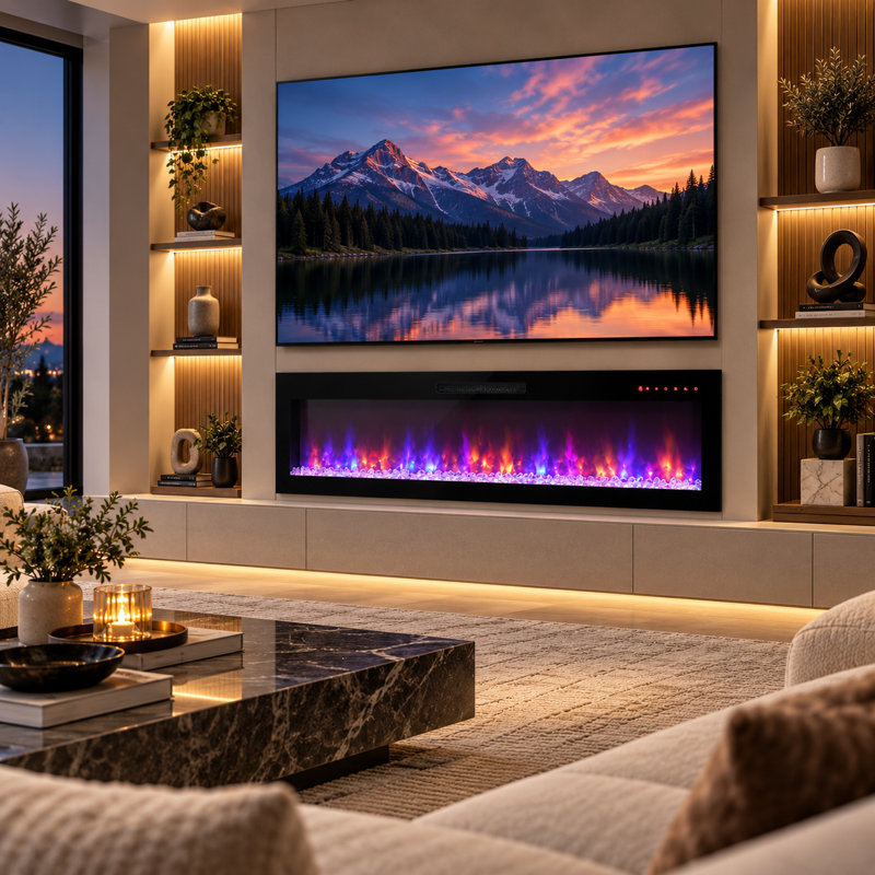 Cheminée électrique intelligente WiFi 60 po, murale/encastrable, 16 couleurs de flamme, télécommande et application compatibles avec Alexa, chauffage d'appoint avec minuterie de 9 h et thermostat pour salon/chambre