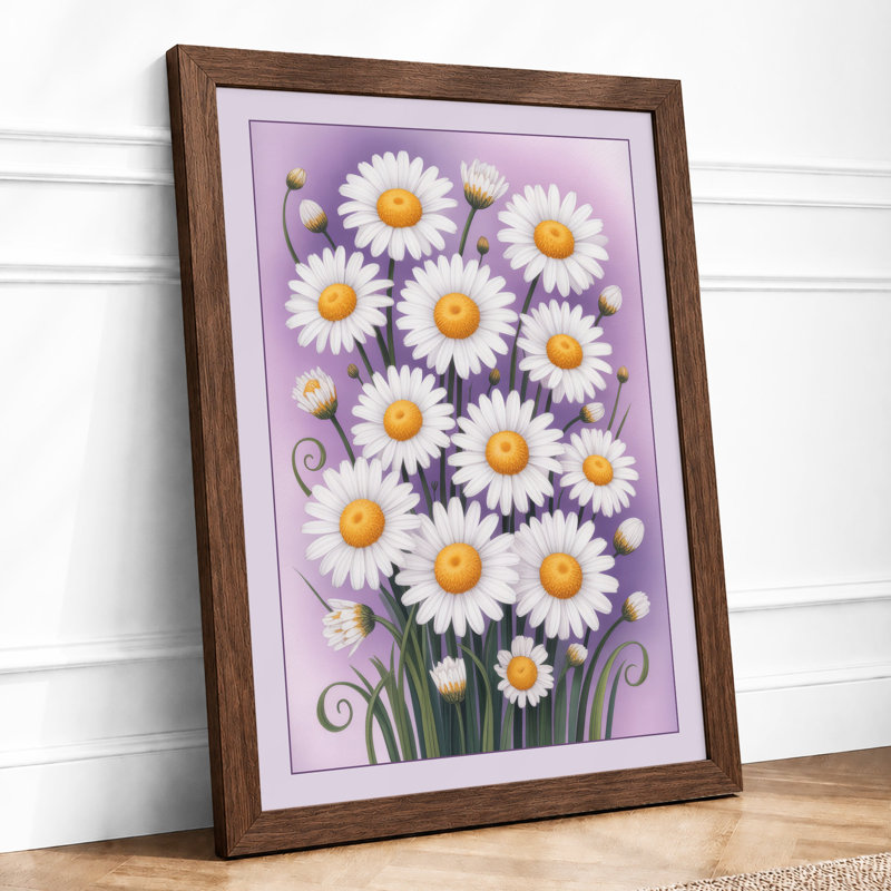 Daisies in Purple Vase Botanical - Framed Print, A3 - 42.0 x 29.7 cm, Walnut