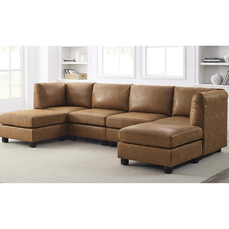 Canapé d'angle 6 places en similicuir avec design personnalisable, pattes en plastique, dossier et coussins amovibles, profondeur 120 pouces, largeur 60 pouces, hauteur 34,5 pouces, poids 248 lb, revêtement modulaire, assemblage facile.