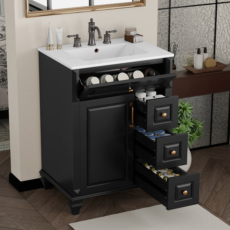 Meuble-lavabo de salle de bain avec lavabo, meuble-lavabo autoportant de 24 pouces avec tiroir rabattable, 3 tiroirs et armoire de rangement