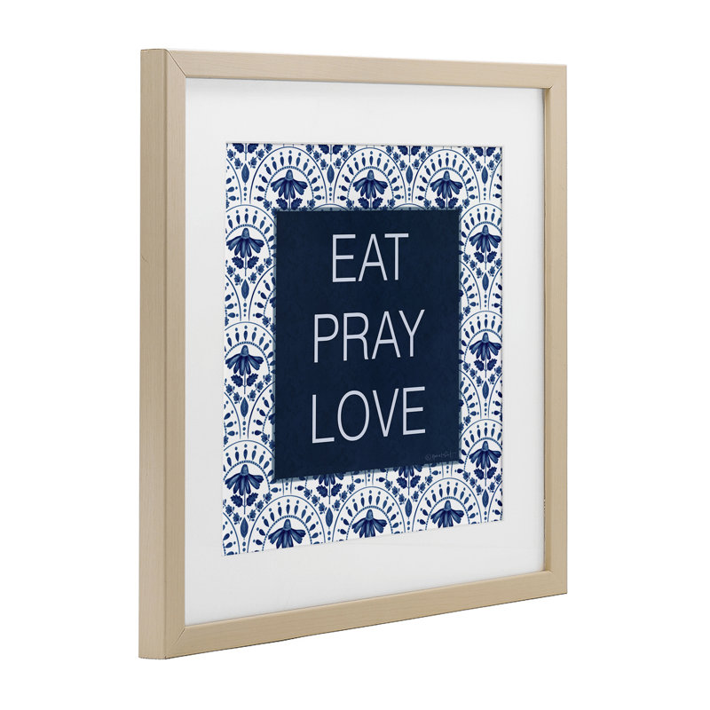 «Eat Pray Love on Blue Florals», reproduction sous verre encadrée, conception par Annie Lapoint, Cadre de récolte en pin