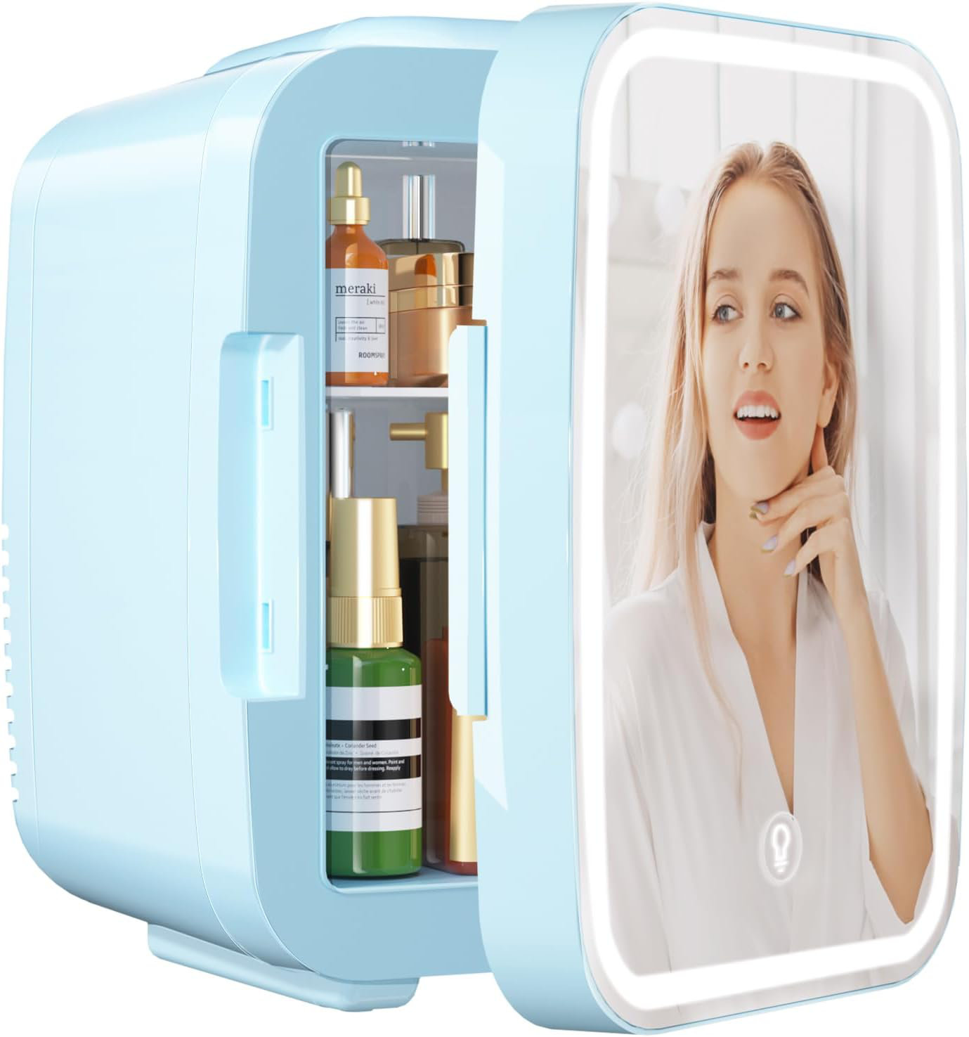 YASHE - Portable Mini Skincare Fridge with Dimmable LED Mirror, 4L/6 Can Cooler & Warmer for Makeup& Food - Blue | Fridge.com