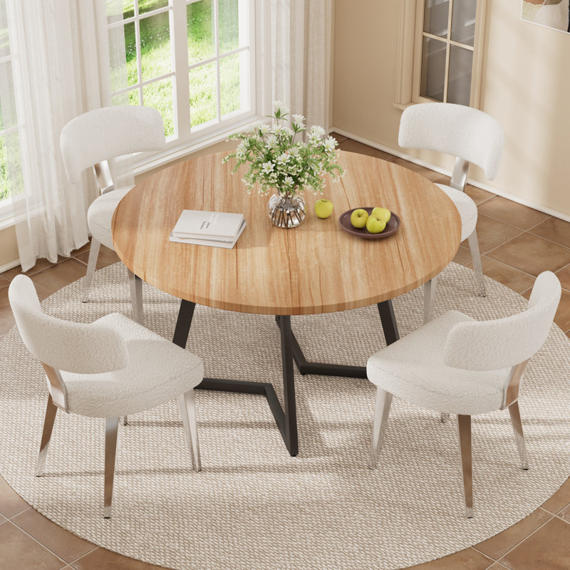 Round Wooden Dining Set For 4-6, Natural Wood, White, 5
