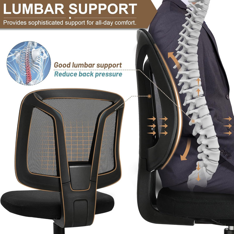 Armless Compact Rolling Office Desk Chair With Adjustable Height And Wheels