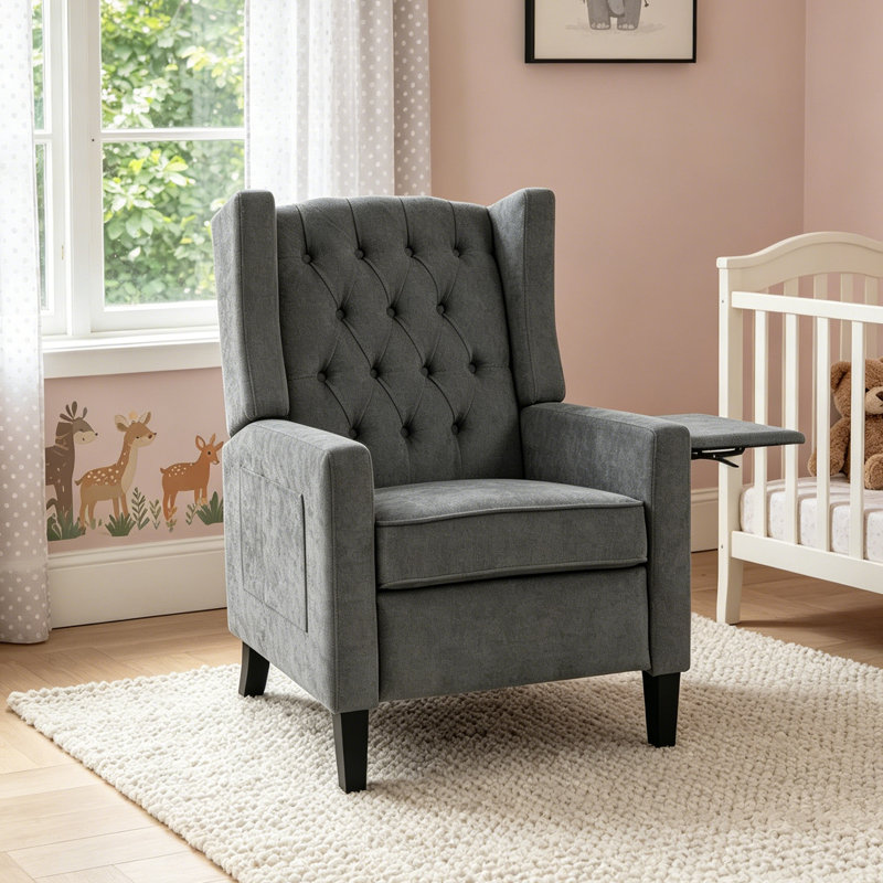 Bason Modern Tufted Wingback Push-Back Recliner with Integrated USB Port & Fold-Out Tray Table, Gray