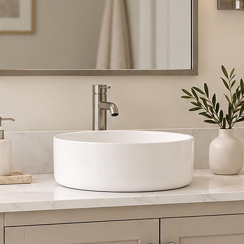 Lavabo-vasque rond en céramique blanche de 31,5 cm (12,4 po), modèle moderne à poser sur le comptoir, avec bonde de 4,4 cm (1,75 po).