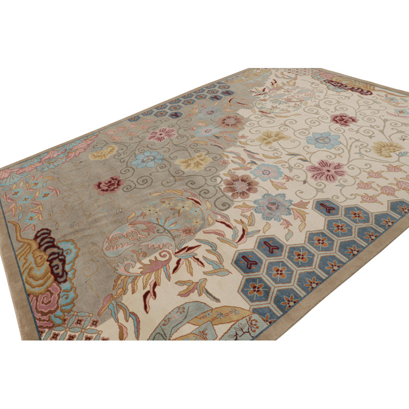 Rug & Kilim’S Chinese Art Deco Rug In Beige With Colorful Floral Patterns, Rectangle 10' x 14'