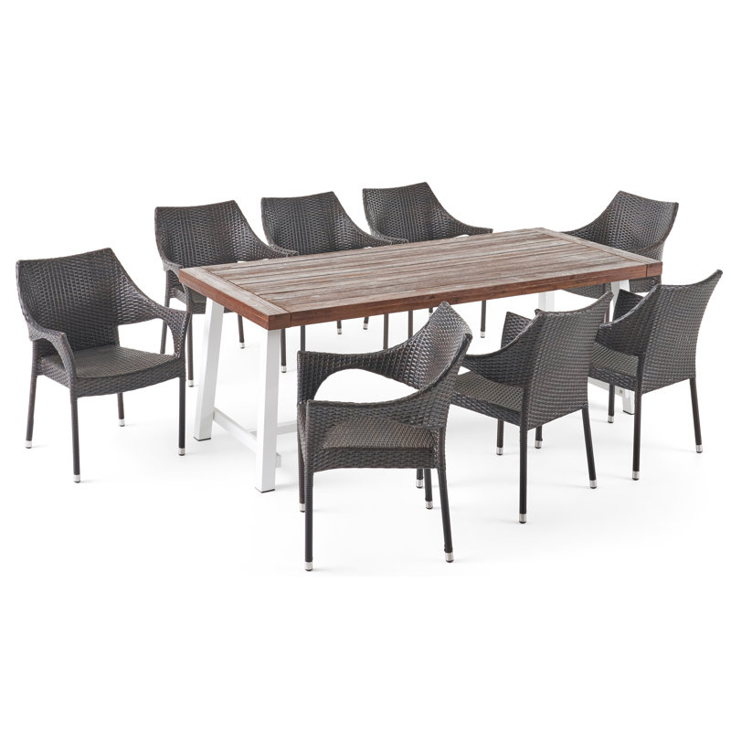8 - Person Acacia Solid Wood Patio Dining Set Rectangular Table, Sandblast Dark Brown/White/Multibrown