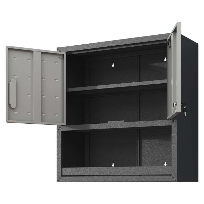 Armoire de rangement murale en métal durable avec porte verrouillable et tiroir ouvert pour les espaces organisés dans les garages, les entrepôts et les bureaux