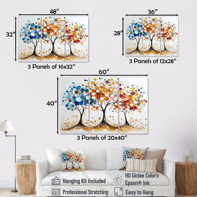 Automne orange et bleu arbre saisons reflets III - ensemble de salon abstrait Mid-Century Wall Art, Toile tendue