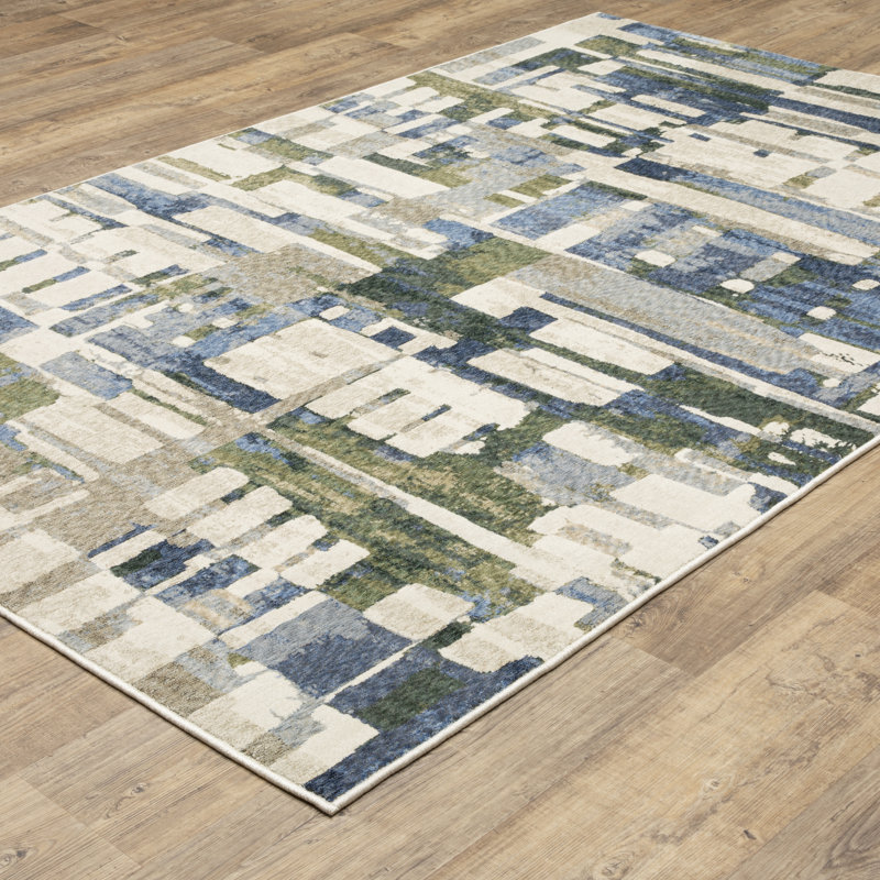 Holub Modern Geometric Blue/ Green Area Rug, Rectangle 6'7" x 9'9"