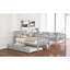 Lit superposé simple gris sur lit superposé, lit gigogne disponible, 4 compartiments de rangement latéraux inclus, tablettes sur