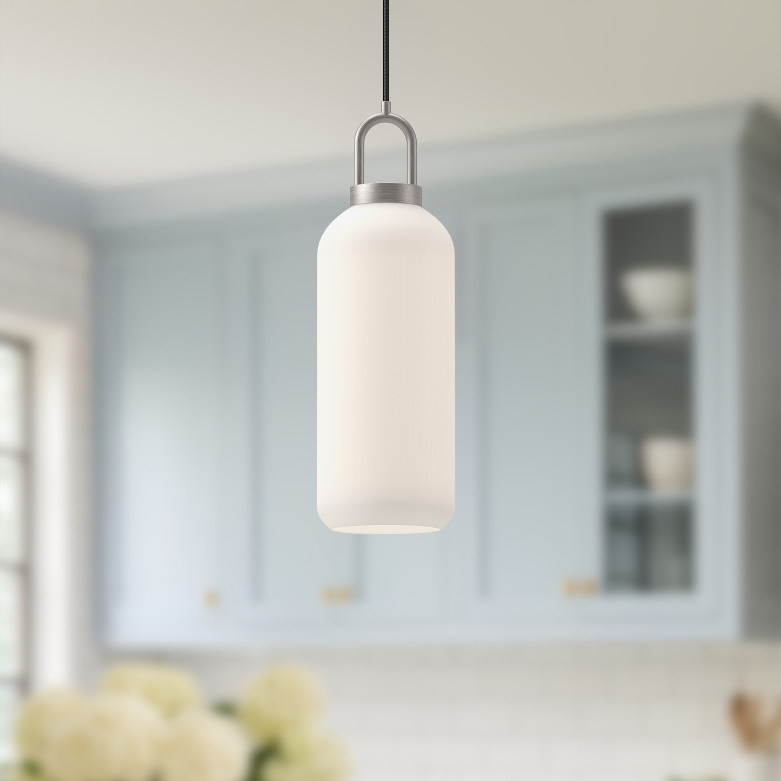 Minneapolis Single Light Glass Pendant, Brushed Nickel, Opal, 14.875" H x 5.125"W  x  5.125" D 