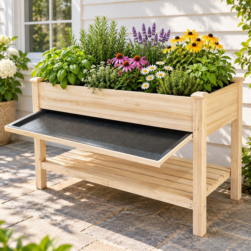 Potager surélevé en bois massif de 122 cm (48 po) avec bac de récupération d'eau et tablette de rangement