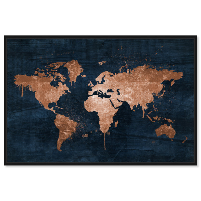 Mapamundi - carte du monde moderne, Toile avec cadre noir, H 10 po x l 15 po x P 1,75 po