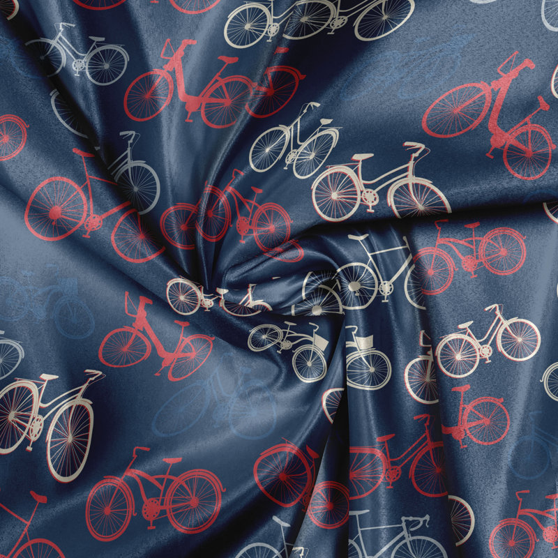 Rustic curtain, bike sketch on blue, multi -colored