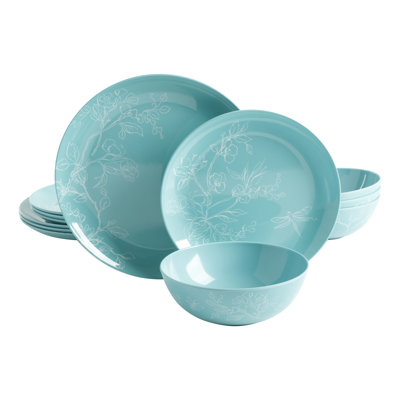 Martha 12Pc Dinnerware Melamine Set - Teal Decorated
