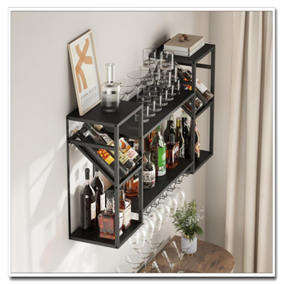 2-Tier Metal Floating Liquor Shelves - Wall Mounted Wine Rack With Glass Holder, Black Display Storage (Kitchen/Bar) by Prep & Savour