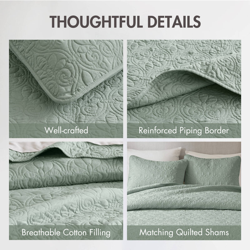 Quebec Reversible Quilt Set, Seafoam, Full/Queen Coverlet + 2 Standard Shams