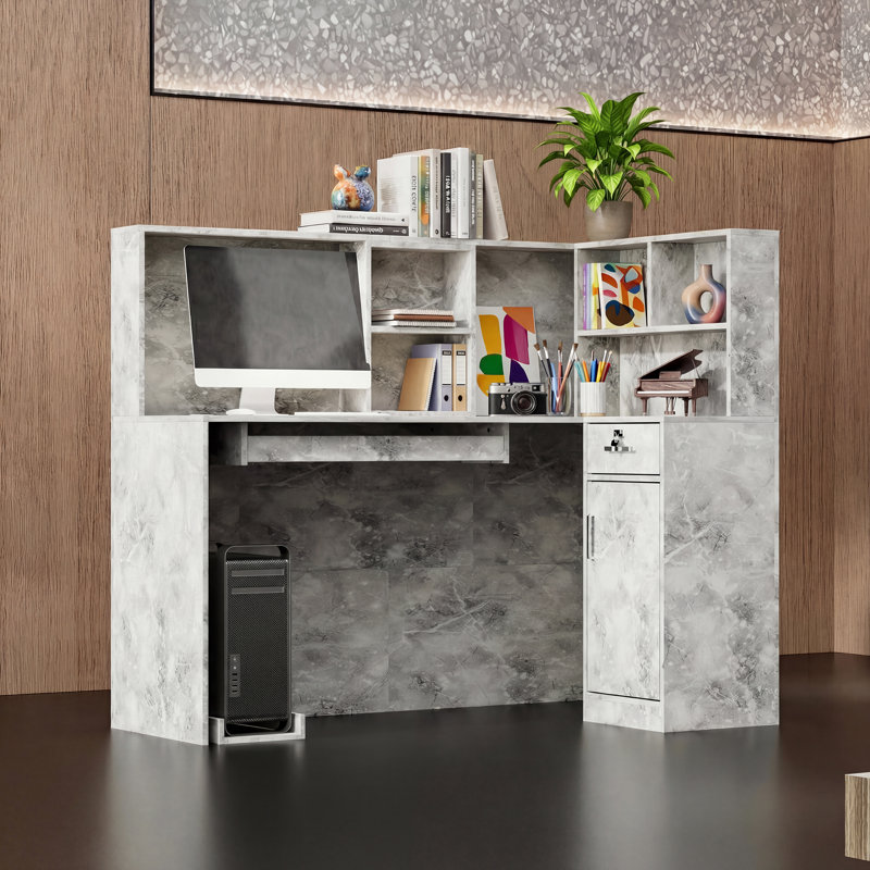 Bureau en coin de 55,9 po en L avec armoire verrouillable, plateau à clavier et gestion des câbles