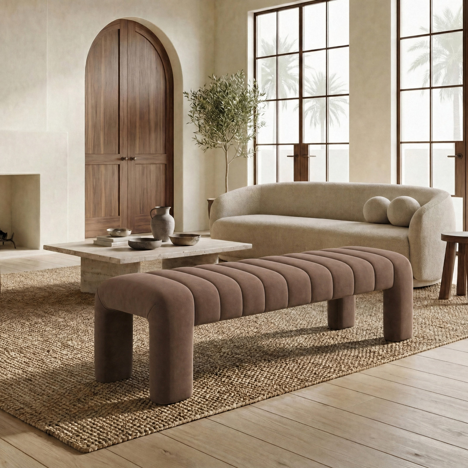 Gliese 63" Velvet Bedroom Bench, Dark Brown Vegan Leather