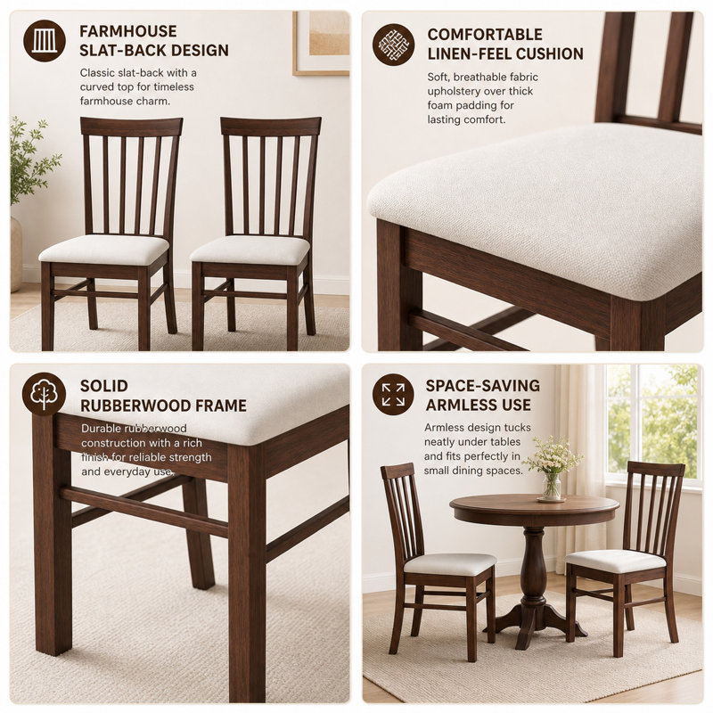 Ensemble de 2 chaises de salle à manger en bois robuste avec structure en bois d'hévéa, Beige, Beige, Dark Brown