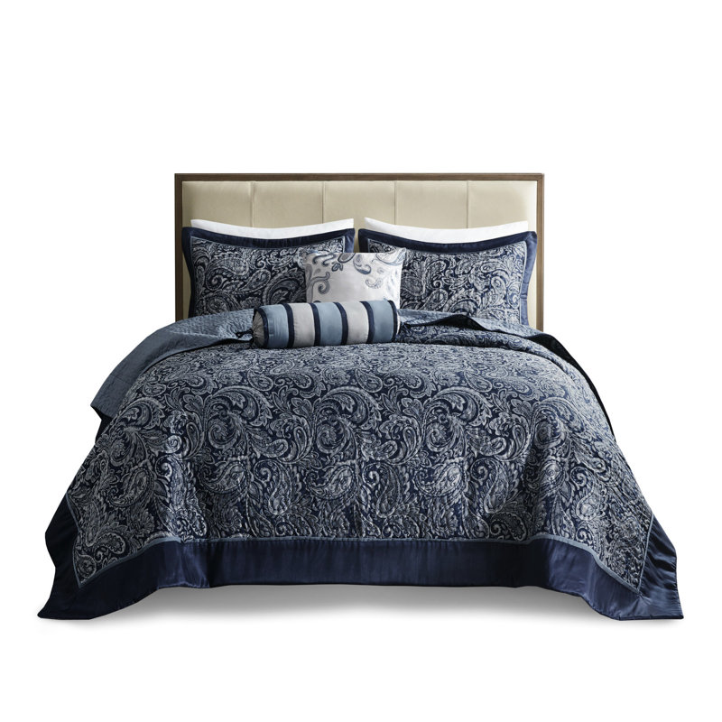 Literie 5 pièces en très grand bleu marine - beau motif et rembourrage en coton pour un couvre-lit confortable, Marine