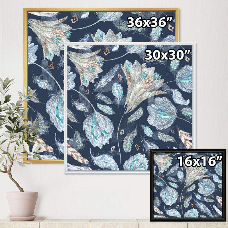 Motif botanique bleu marine - peinture sur toile, H 30 po x l 30 po x P 1 po, Cadre blanc