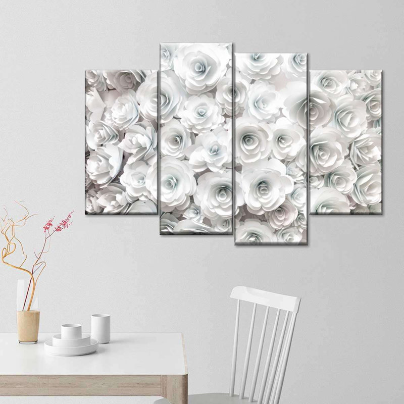 Ensemble de 4 pièces de roses blanches sur toile, H 42 po x l 68 po x P 1,25 po