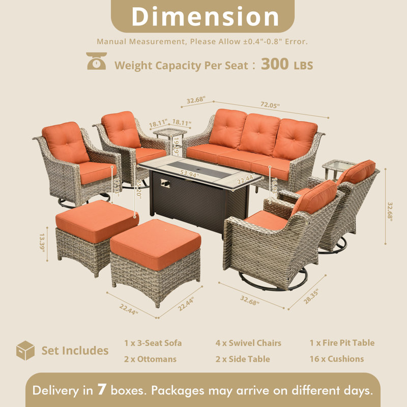 Sturgill 10-Piece Wicker Patio Conversation Set with Swivel Rocking Chairs and 50,000 BTU Fire Pit Table, Orange
