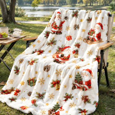 Cozy Santa Claus Christmas Fleece Throw Blanket, Festive Holiday Plush Bed Blanket for Sofa Couch Bedroom Living Room Home Decoration