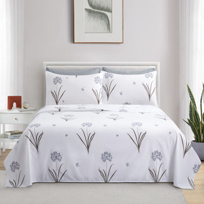 Marina Decoration Home Decor Bedding Bedroom Bedsheet Soft Silky Deep Pocket Rayon from Bamboo All Season 4 Pieces Printed Sheet Set with 2 Pillowcases, Grey Hydrangea Floral Pattern Twin/Single Size
