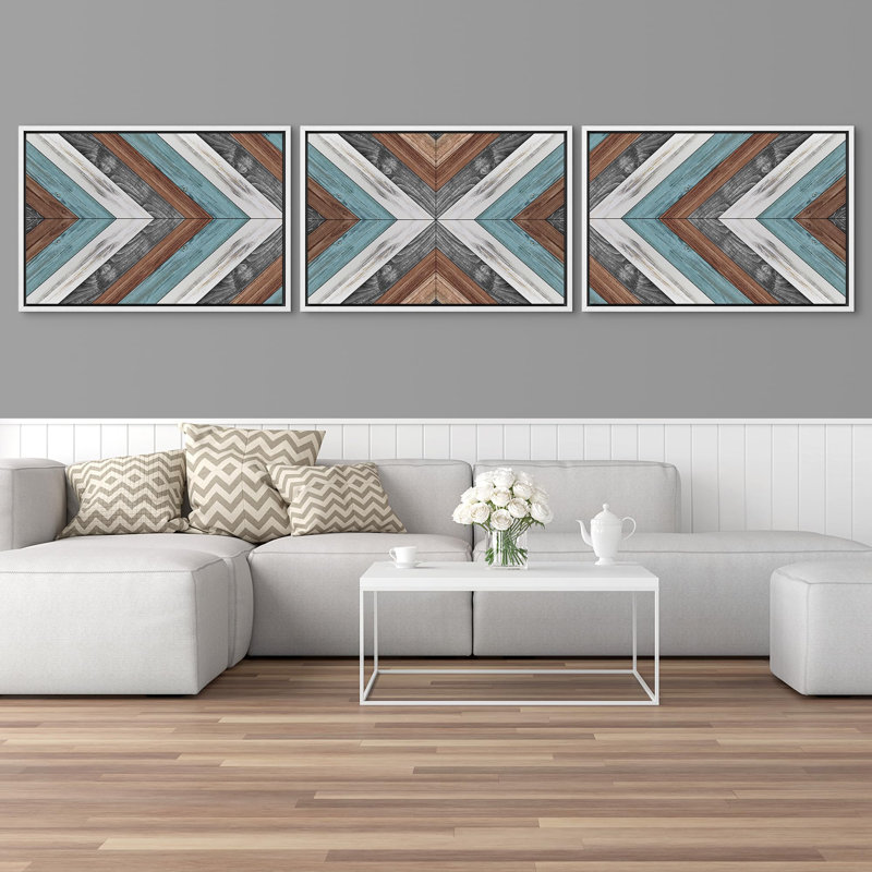 «Western Decor Geometric Polygon Motif Collage Abstract For For Cabin Cottage», 3 pièces, Cadre blanc, H 24 po x l 36 po
