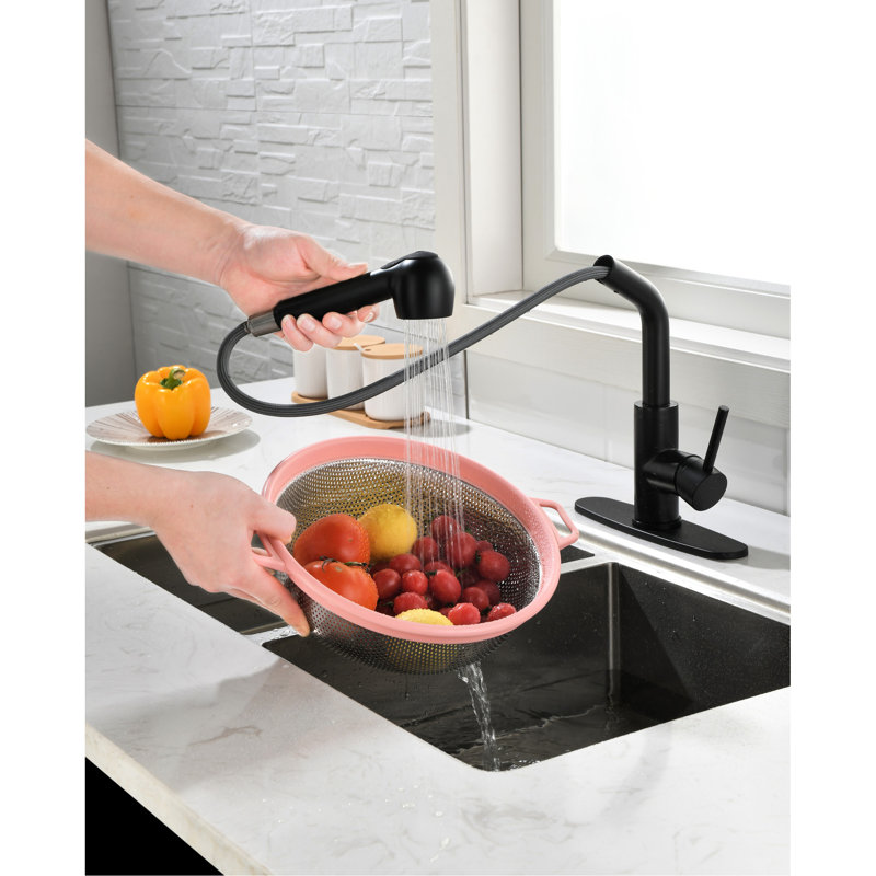 Robinet d'évier de cuisine noir mat avec douchette extractible, bec haut rotatif sur 360 ° à poignée simple. Corrosion et rouille pour une utilisation prolongée. Contrôlez facilement le débit d'eau à une poignée.
