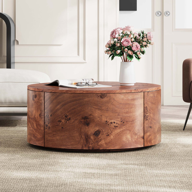 Table basse rotative, plateau en bois de ronce avec tiroirs