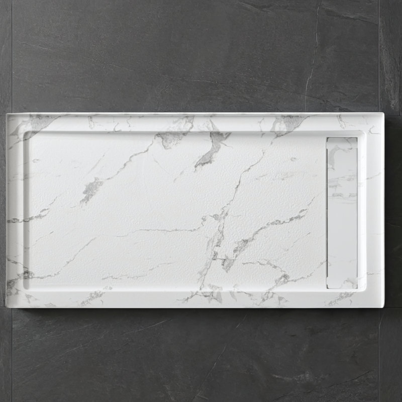 60”W x 32”D Rectangular Shower Pan Base, Marble-Look Acrylic, Right