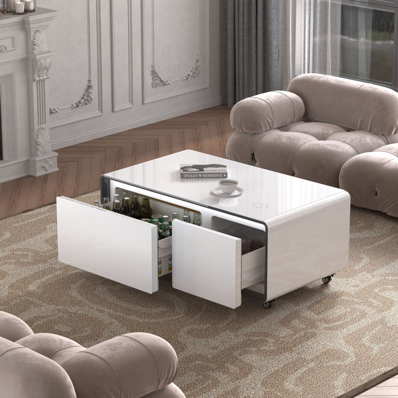 Cullyn 90L Smart Coffee Table with Fridge and Wireless Charging, White