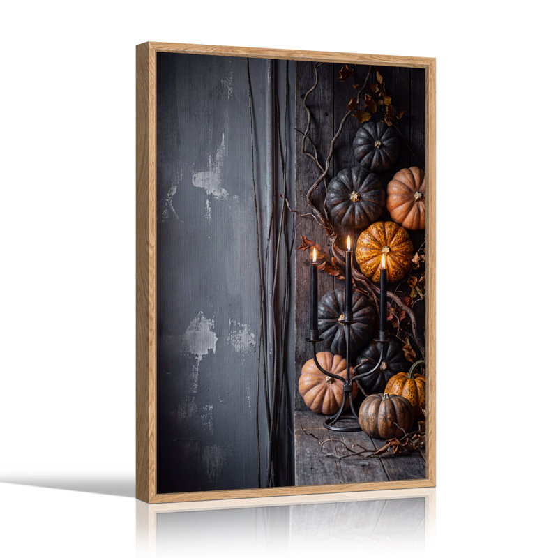 Citrouilles oranges avec bougies allumées sur toile en bois foncé, décoration murale d'Halloween, 48"H x 32"W