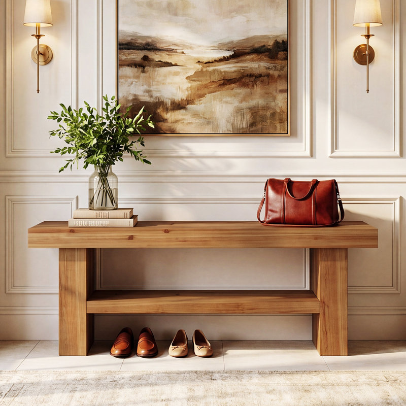 Banc de rangement pour chaussures de 63 pouces en bois massif avec tablette de rangement