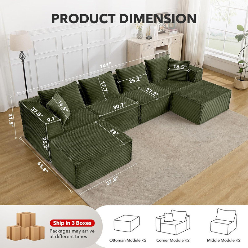 Canapé modulaire Boneless, H 31,5 po x l 141 po x P 65,8 po, 4, Vert