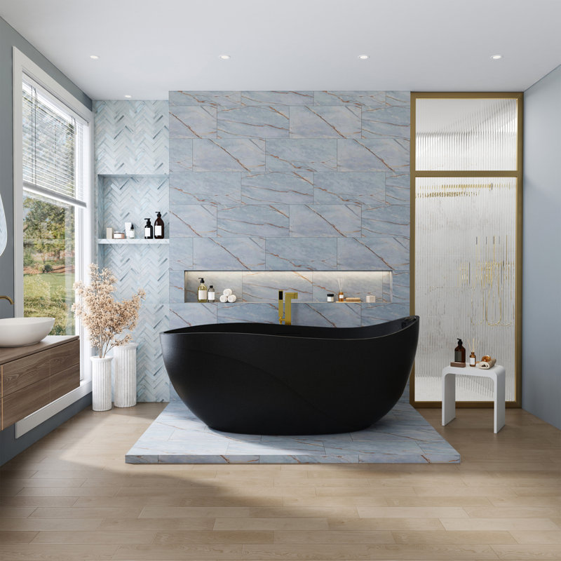 67" x 31.5" Freestanding Soaking Bathtub Gel Coat Bathtub with Rock Texture, Obsidian Black