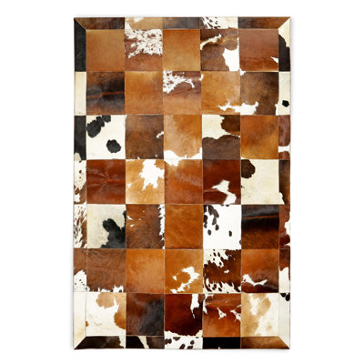 Handmade Genuine Cowhide Patchwork Rug – Tricolor Natural Leather Area Rug Soft Western Style Carpet