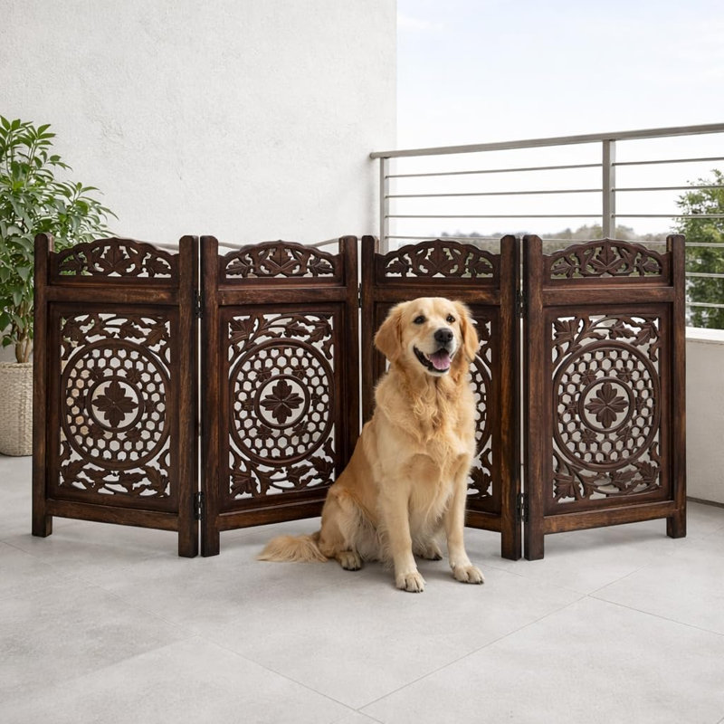 Solid Wood & MDF Freestanding Pet Gate with Ornate Carved Design