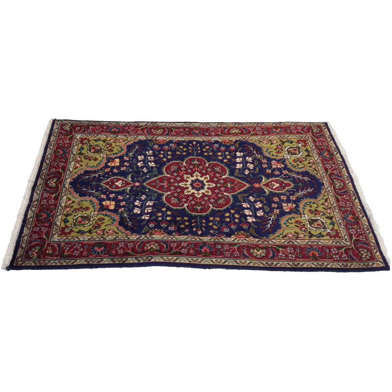 Tapis oriental bleu marine / jaune en laine et en coton 3 pi x 5 pi Pasiley