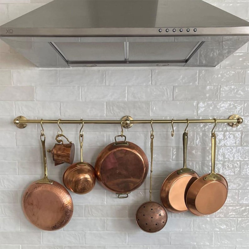 Custom Unlacquered Brass Wall Mounted Pot Rack - Brass Kitchen Rail With Hooks Brass Wall Pot Rack
